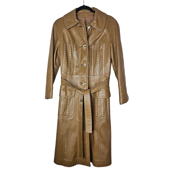 Vintage 70s M Camel Leather Trench Coat Glam Boho Woven Tortoiseshell Western - Picture 1 of 3